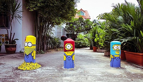3 concrete barriers in Joo Chiat, Singapore, painted to look like minions