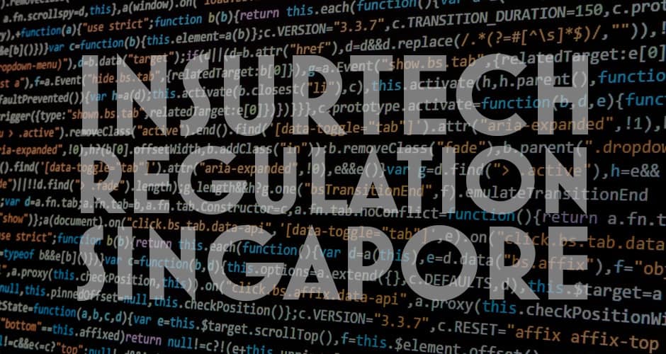 An image of coding with the words Insurtech Regulation Singapore emblazoned across it